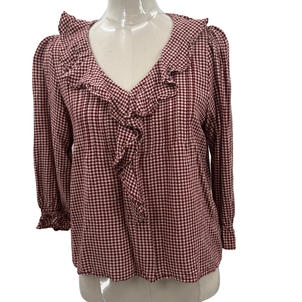 LC Lauren Conrad Blouse Womens Small Red Gingham Good Ruffle V-Neck WL5FW013RR